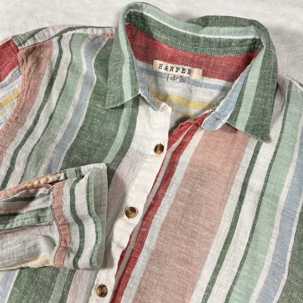 Harper Linen Blend Long Sleeve Multi Colored Striped Button‎ Down Beach Small